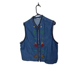 Sun River‎ Vintage Southwestern Christmas Denim Vest Blue Embroidered Zip Up L